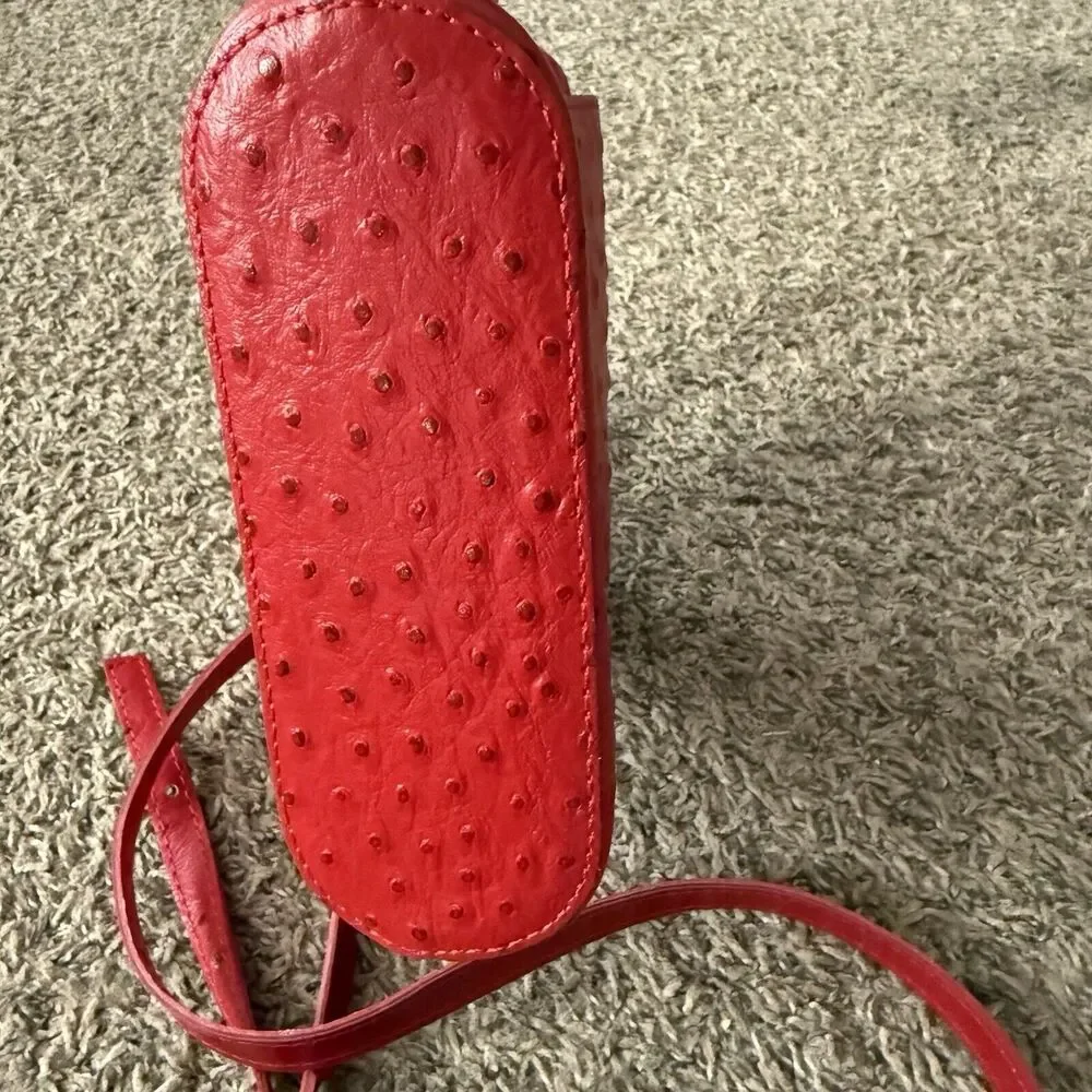 Red Ostrich Leather Crossbody‎ Bag Textured Small Shoulder Purse Zip Top Pocket
